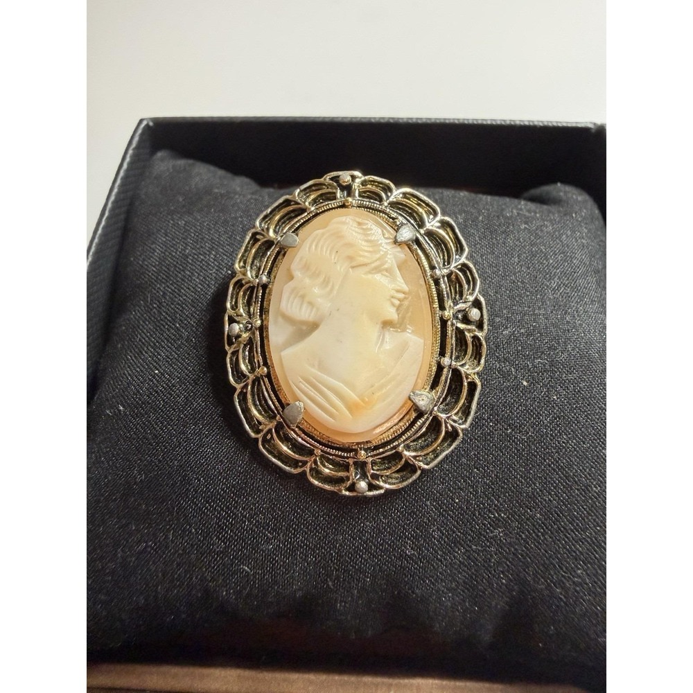 Carved Shell Cameo Vintage Brooch Ornate Goldtone Setting Pendant or Pin